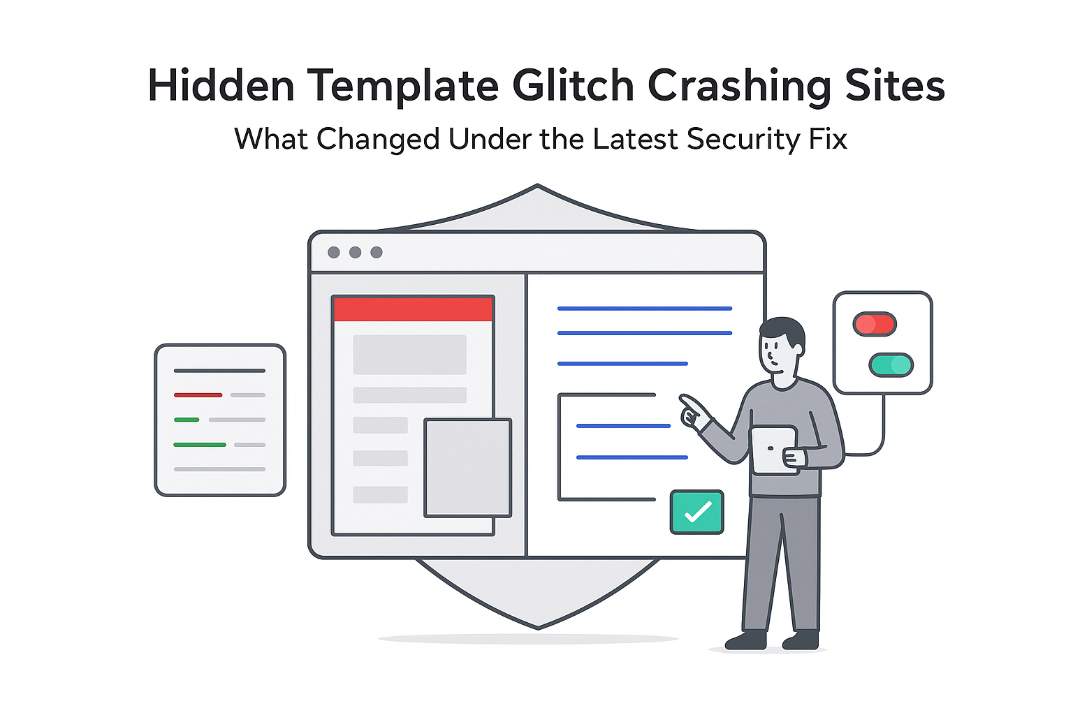 Minimalist illustration of template glitch in browser left fixed layout right security fix shield engineer