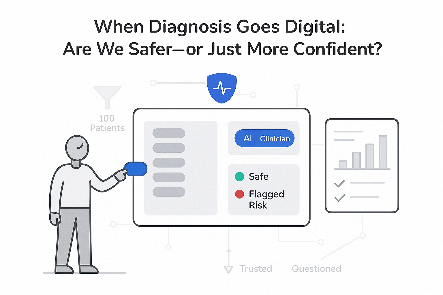 Minimalist diagnostic decision hub illustration with ai clinician toggle patient report human pointing