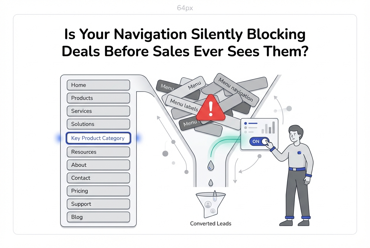 Minimalist illustration of site navigation morphing into tangled sales funnel blocking leads analyst toggles analytics