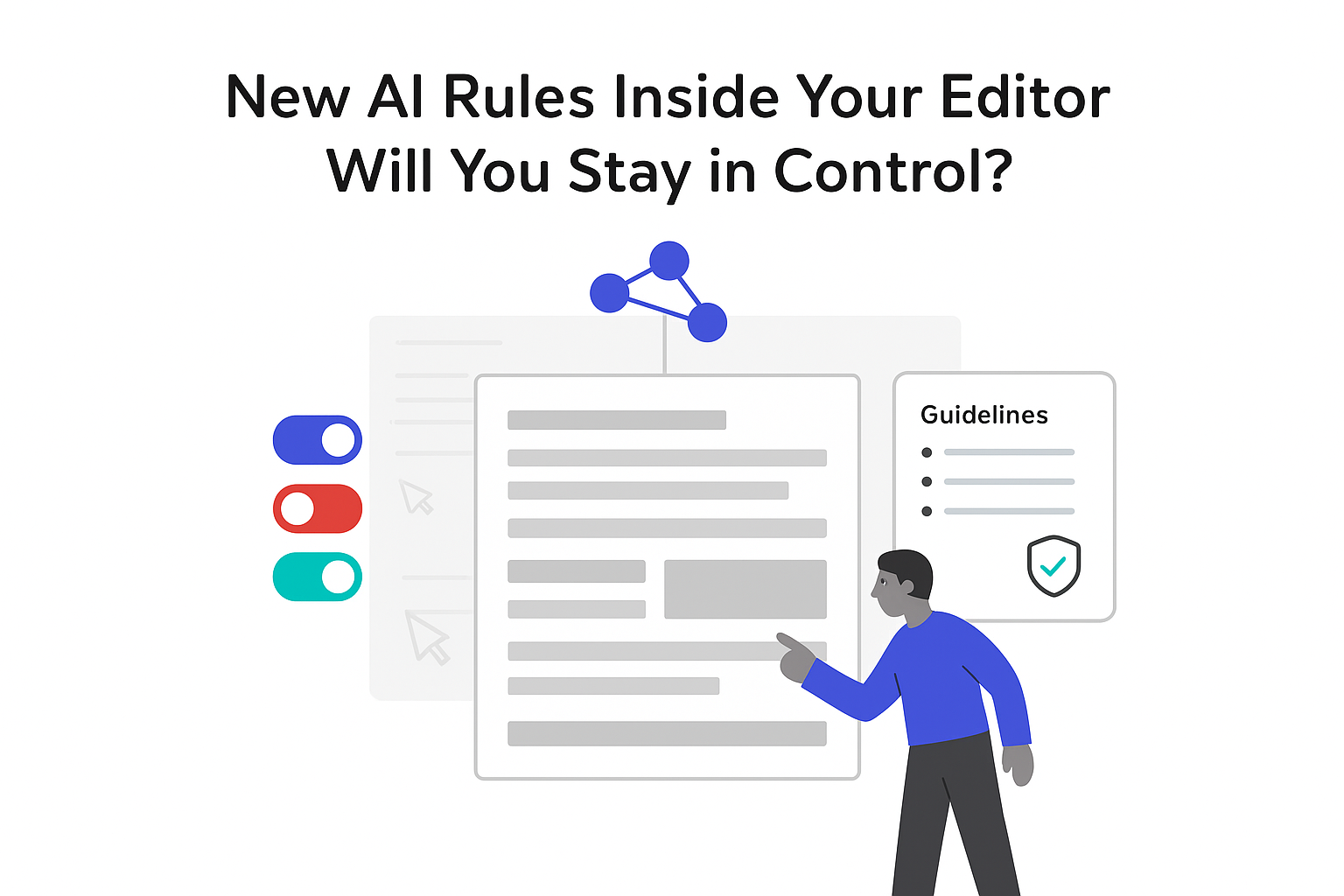 Minimalist tech illustration of editor workspace with AI node connections toggles guidelines hub and collaborator