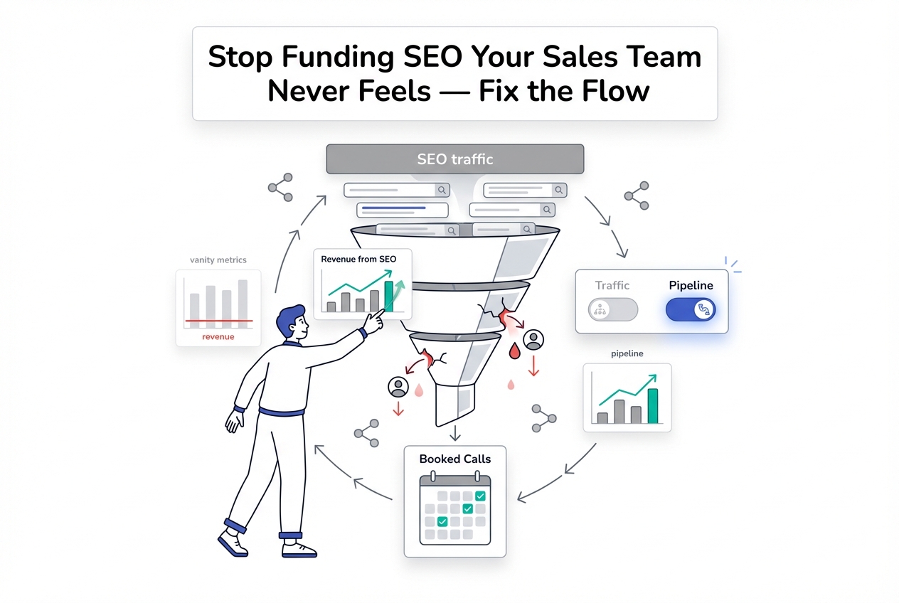 Minimalist illustration of SEO traffic funnel with toggle to pipeline booked calls and revenue report