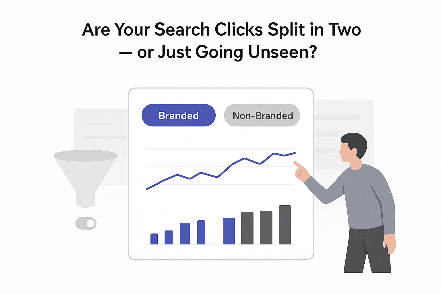 Minimalist analytics dashboard search clicks with branded nonbranded filters charts funnel alert badge user pointing
