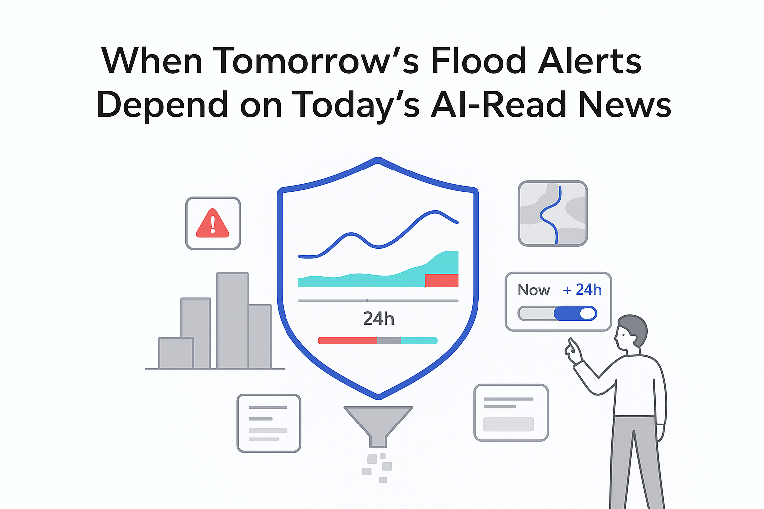 News trained AI flood alert dashboard with shield cityscape forecast chart 24 hour timeline