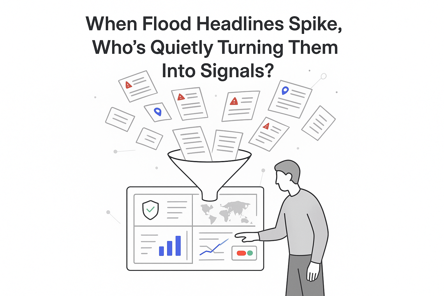 Minimalist illustration of data funnel turning news into flood intelligence dashboard with person and toggle
