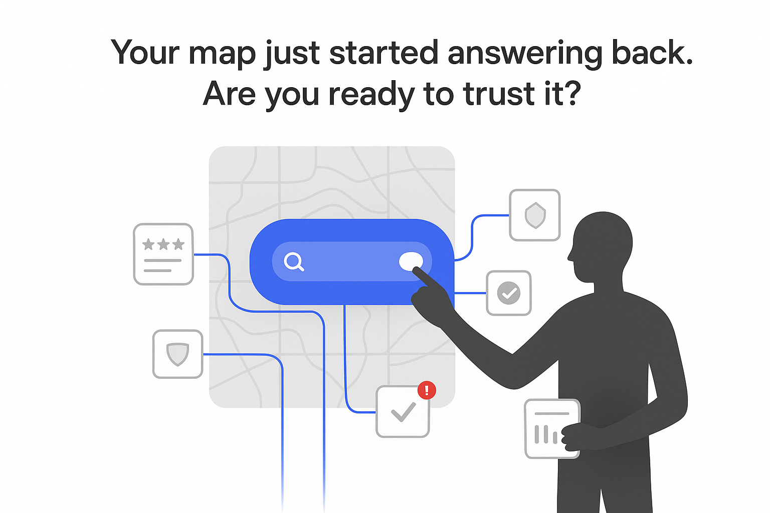 Minimalist AI powered map chat and search with decision tree UI cards and human silhouette