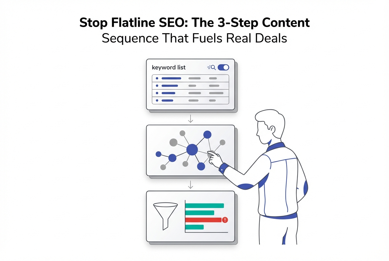 Minimalist illustration of three stacked panels with cluster node funnel pipeline and business professional