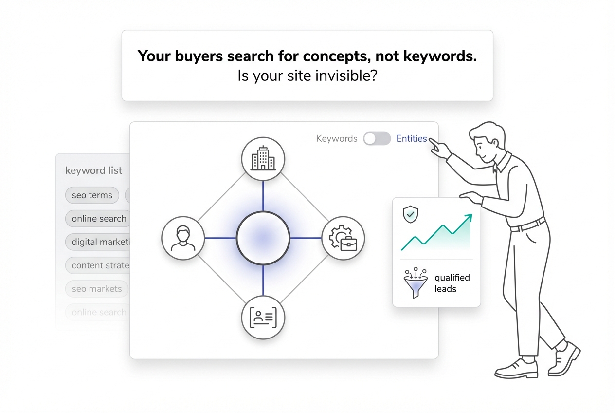 Minimalist entity graph keywords versus entities toggle business person tapping analytics funnel qualified leads