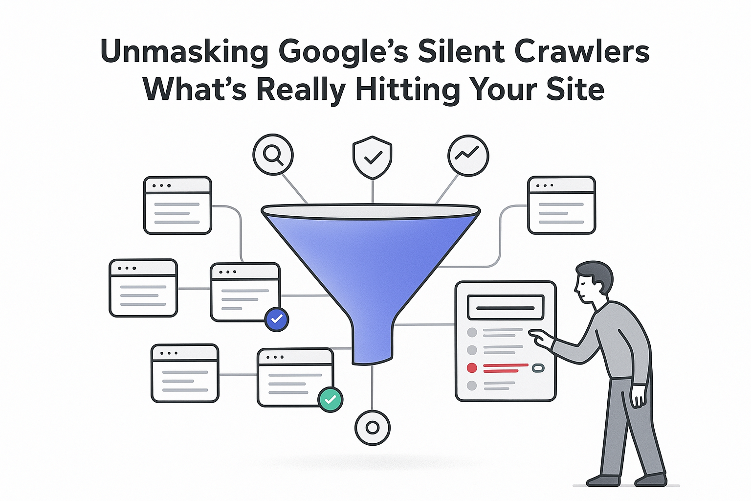 Minimalist tech illustration of Google silent crawlers funnel UI pulling website pages toward control panel