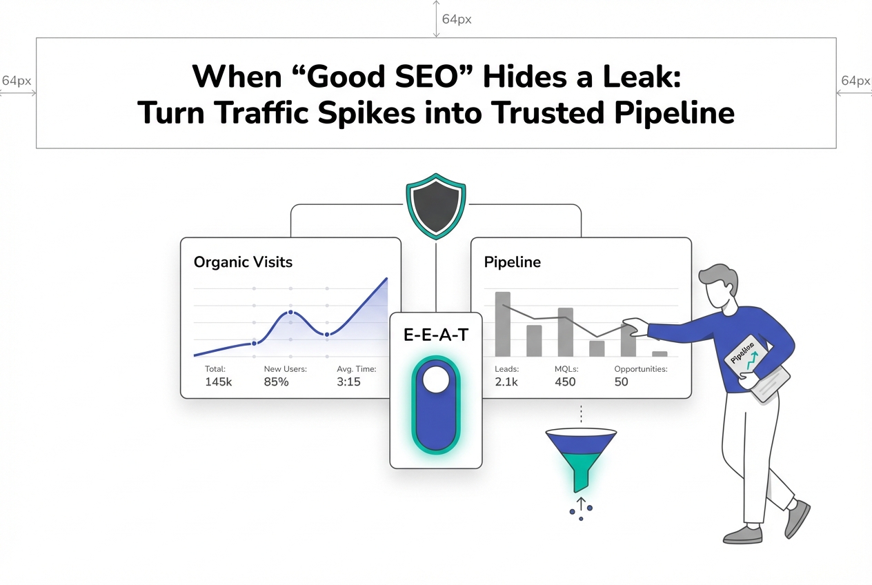 Minimalist B2B dashboard illustration EEAT toggle with shield and funnel improving pipeline report