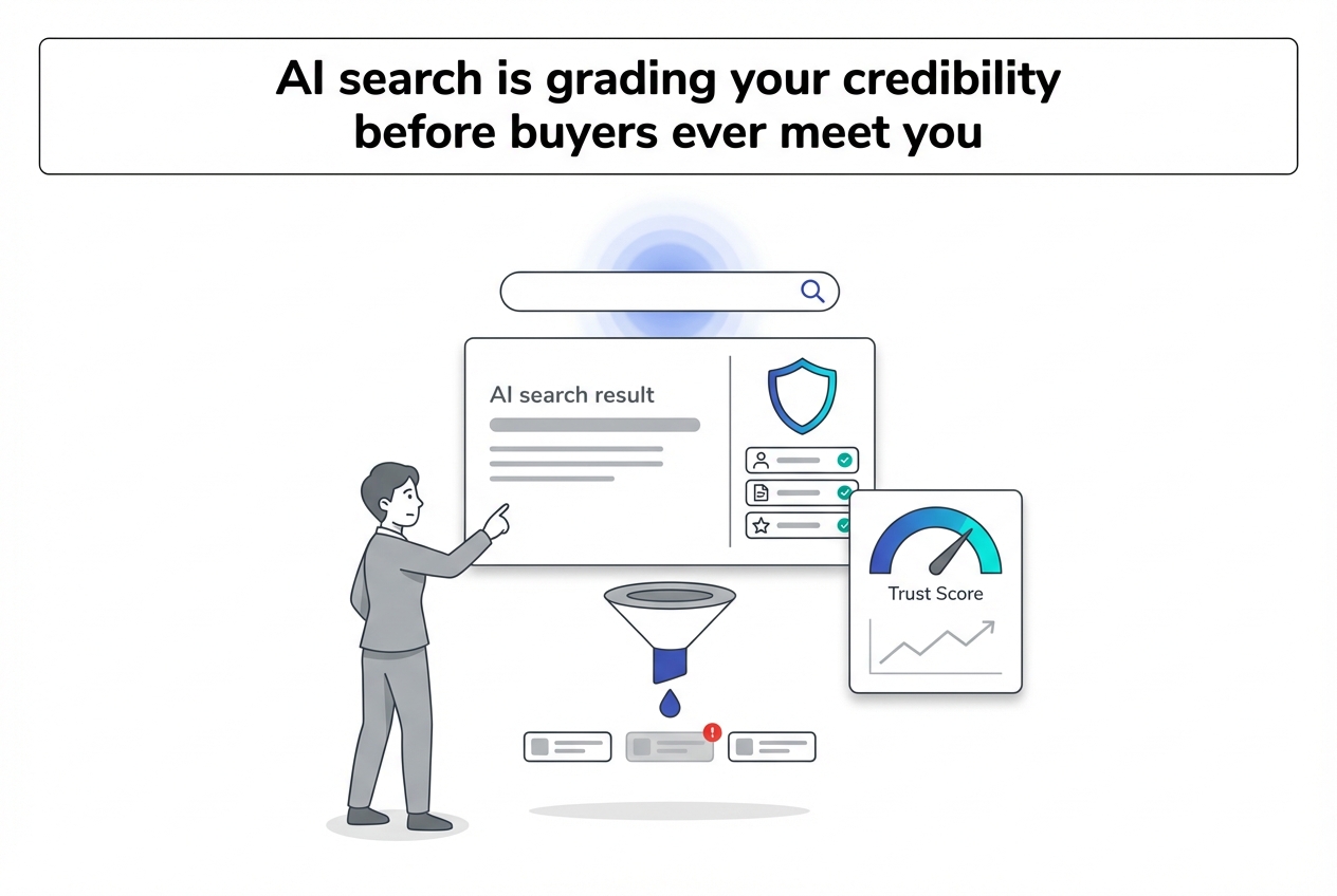 Minimalist vector illustration of AI search grading credibility with trust score analytics and B2B professional