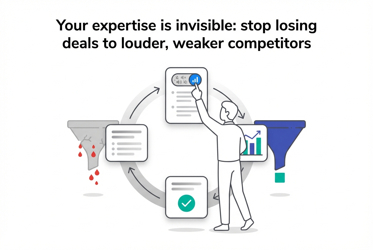 Minimalist tech illustration of expertise to demand loop with leaky funnel and qualified demand