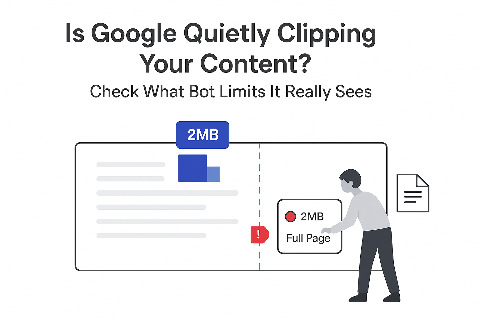 Minimalist tech illustration showing Google clipping webpage at 2MB cut line person toggling limit