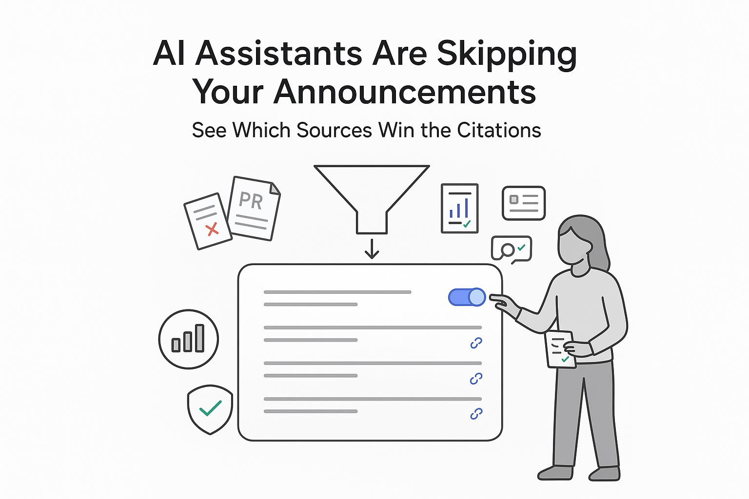 Minimalist tech illustration funnel feeding AI answer panel with citations sources and human tapping filter