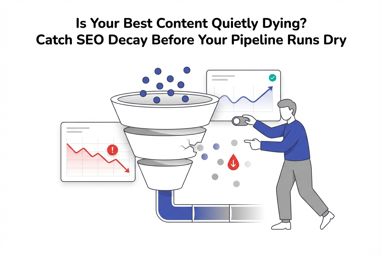 Minimalist conversion funnel illustration showing lead leakage analytics panels and business professional pointing at alert