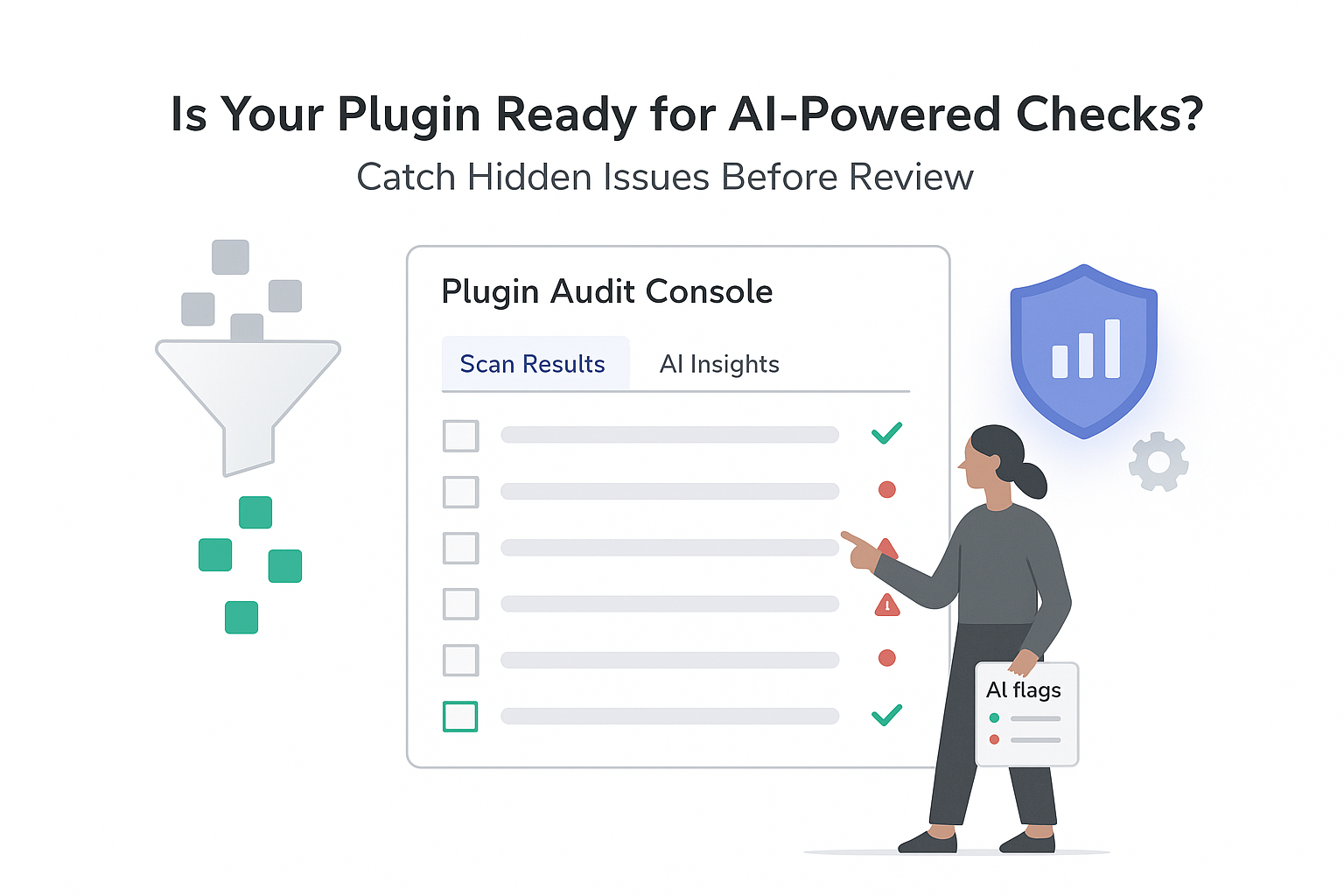 AI powered plugin audit console showing scan results AI flags warnings funnel shield person pointing