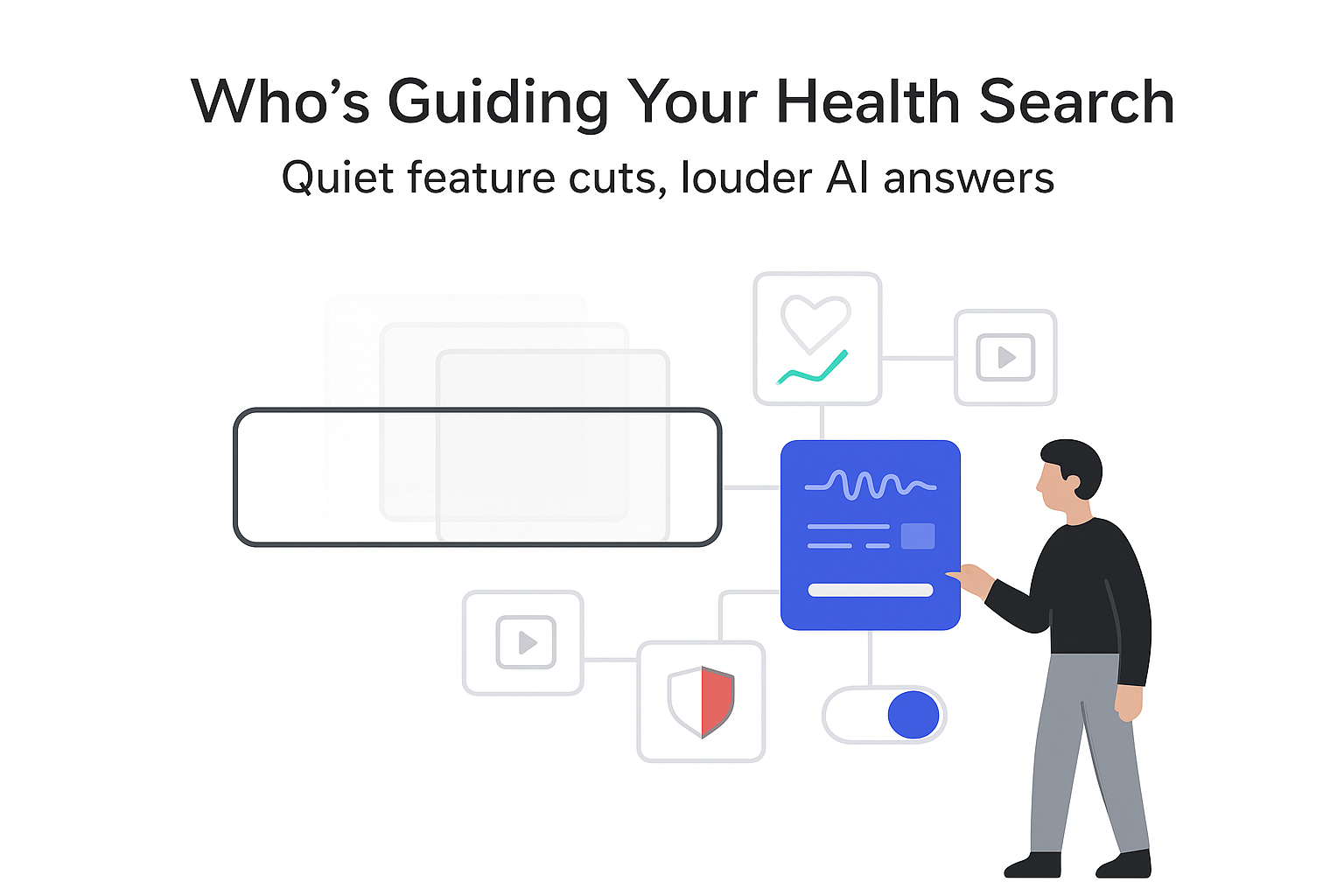 Minimalist tech illustration of search bar with faded history and AI assistant with health chart