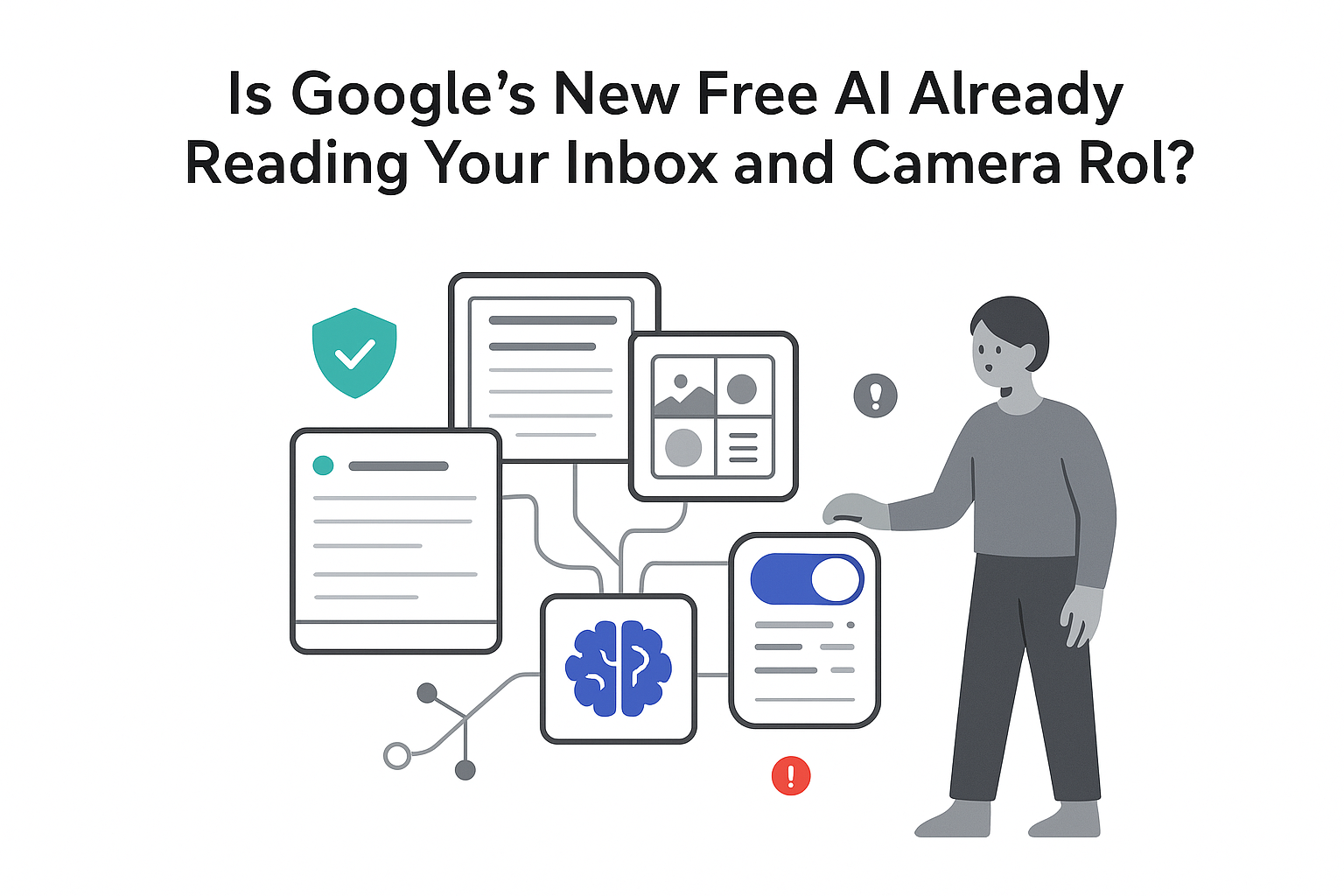 Minimalist personal AI hub illustration showing Googles AI reading inbox and camera roll privacy alert