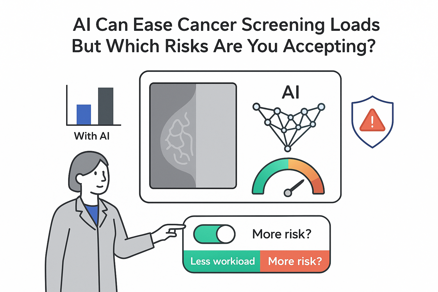 Minimalist illustration of AI assisted cancer screening mammogram showing clinician workload reduction and risk score