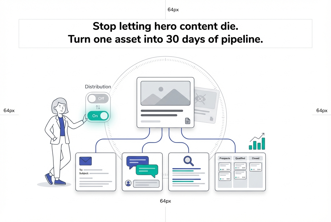 Minimalist tech hero content card with distribution toggle and thirty day sales pipeline loop