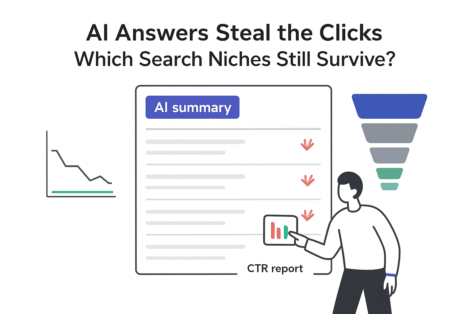 Minimalist illustration AI answers overlaying search results panel stealing clicks funnel chart and CTR report