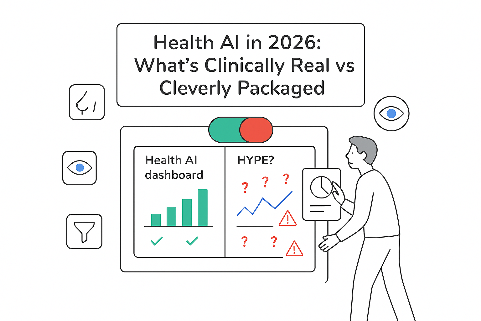 Health AI dashboard 2026 proven versus hype toggle with medical icons and person interacting