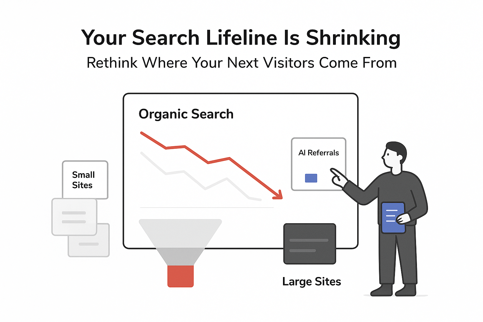 Minimalist analytics dashboard showing organic search decline AI referrals and funnel with concerned person