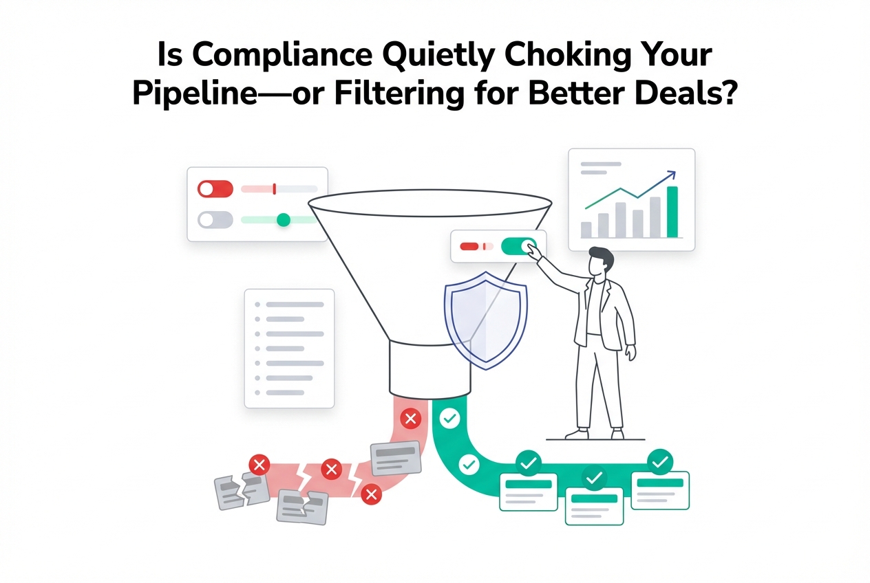 Minimalist marketing funnel with compliance shield showing red blocked deals and green qualified deals