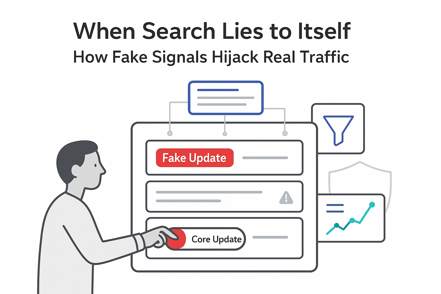 Minimalist illustration showing AI answer influencing search results fake update toggle analytics shield