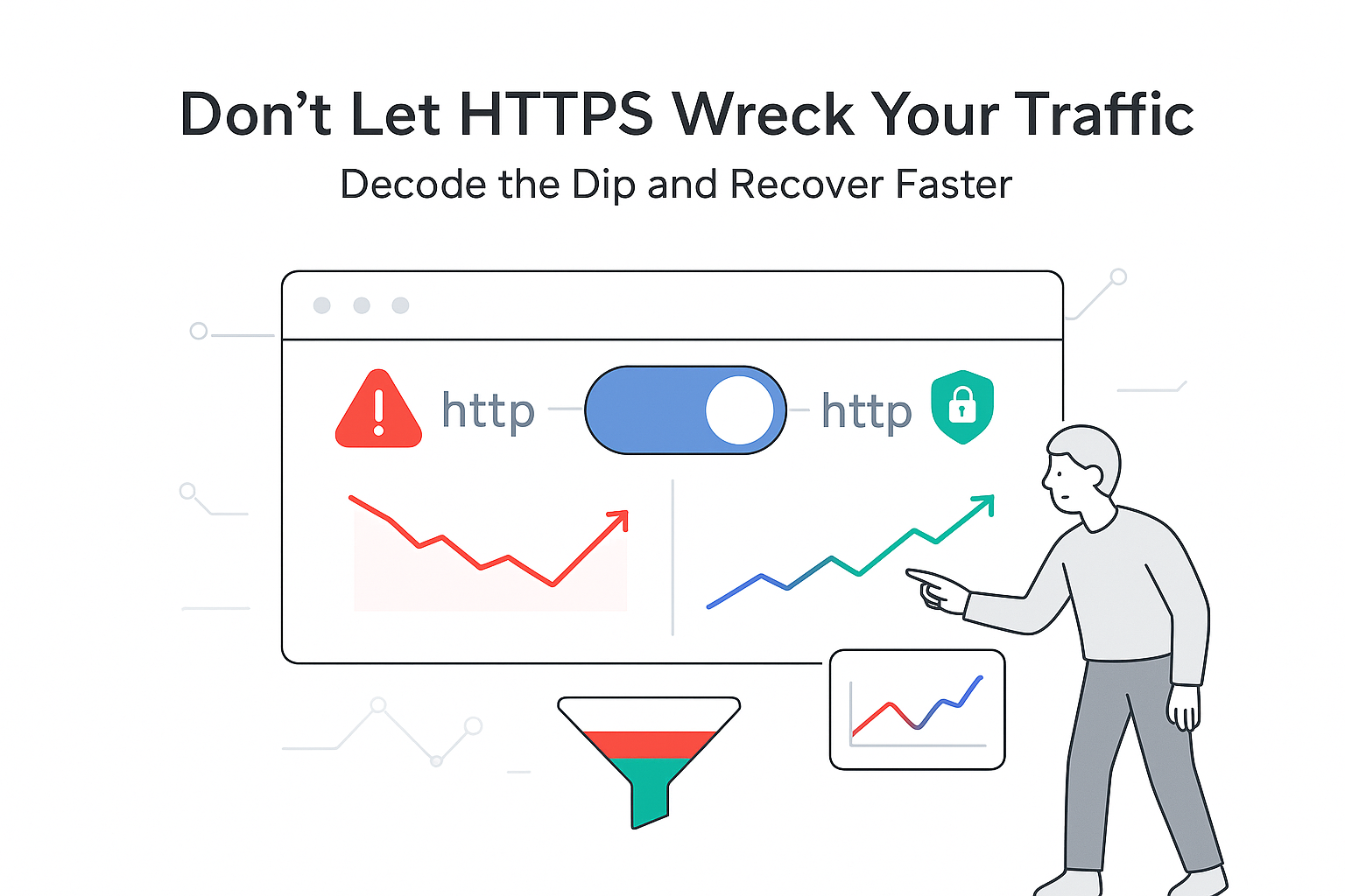 Minimalist browser URL toggle showing http to https secure lock alert dip recovery funnel traffic