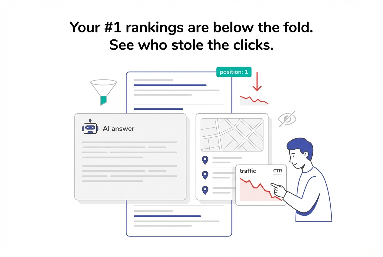 Minimalist vector search results with AI answer card local pack organic results below the fold