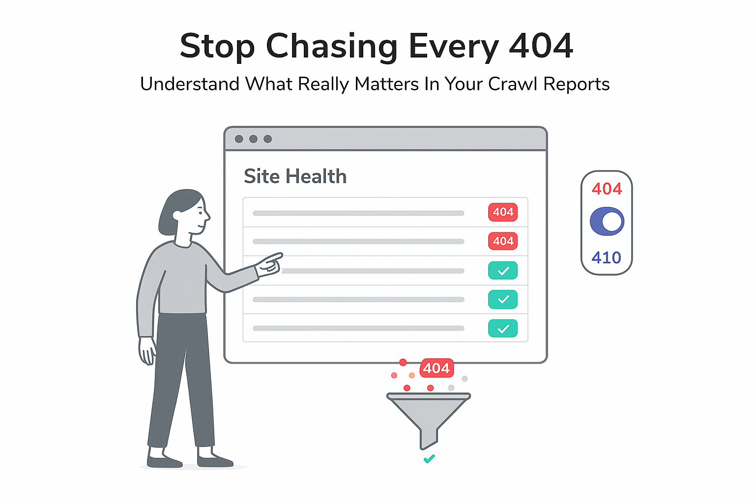 Minimalist site health dashboard illustration with 404 410 toggle funnel filtering errors into green checks