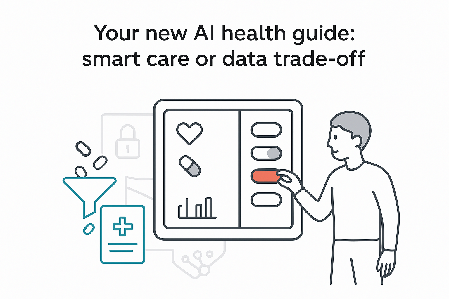 Minimalist tablet health UI privacy risk toggle character adjusting shield and prescription funnel