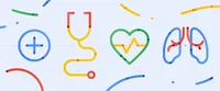 Illustration of digital health icons, including a stethoscope and heart, on a blue background