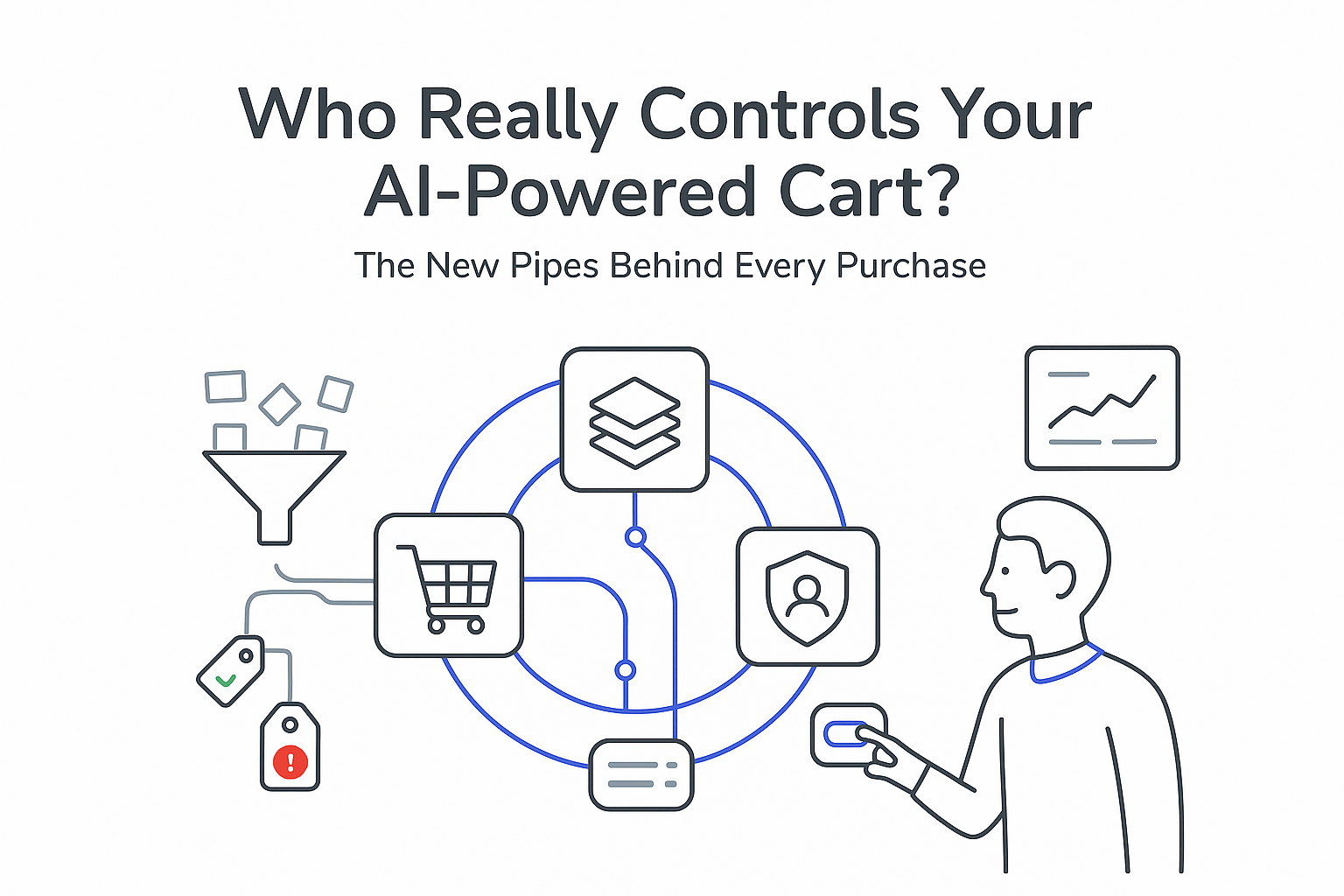 AI powered shopping cart protocol illustration with funnel price tag alert loyalty user tapping toggle