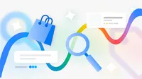 Colorful illustration of a shopping bag, magnifying glass and text boxes surrounded by sparkles and wavy lines