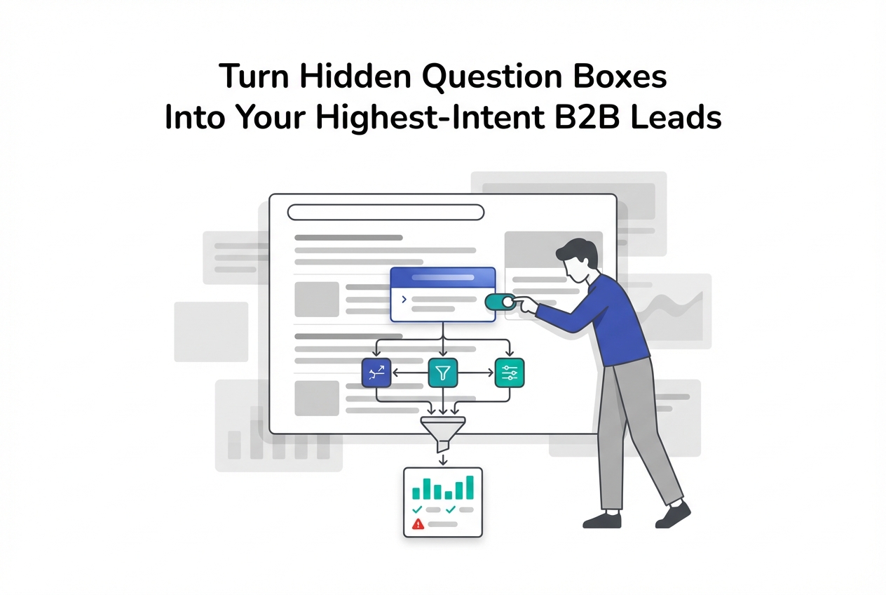 Minimalist illustration of People Also Ask box branching to funnel report generating B2B leads