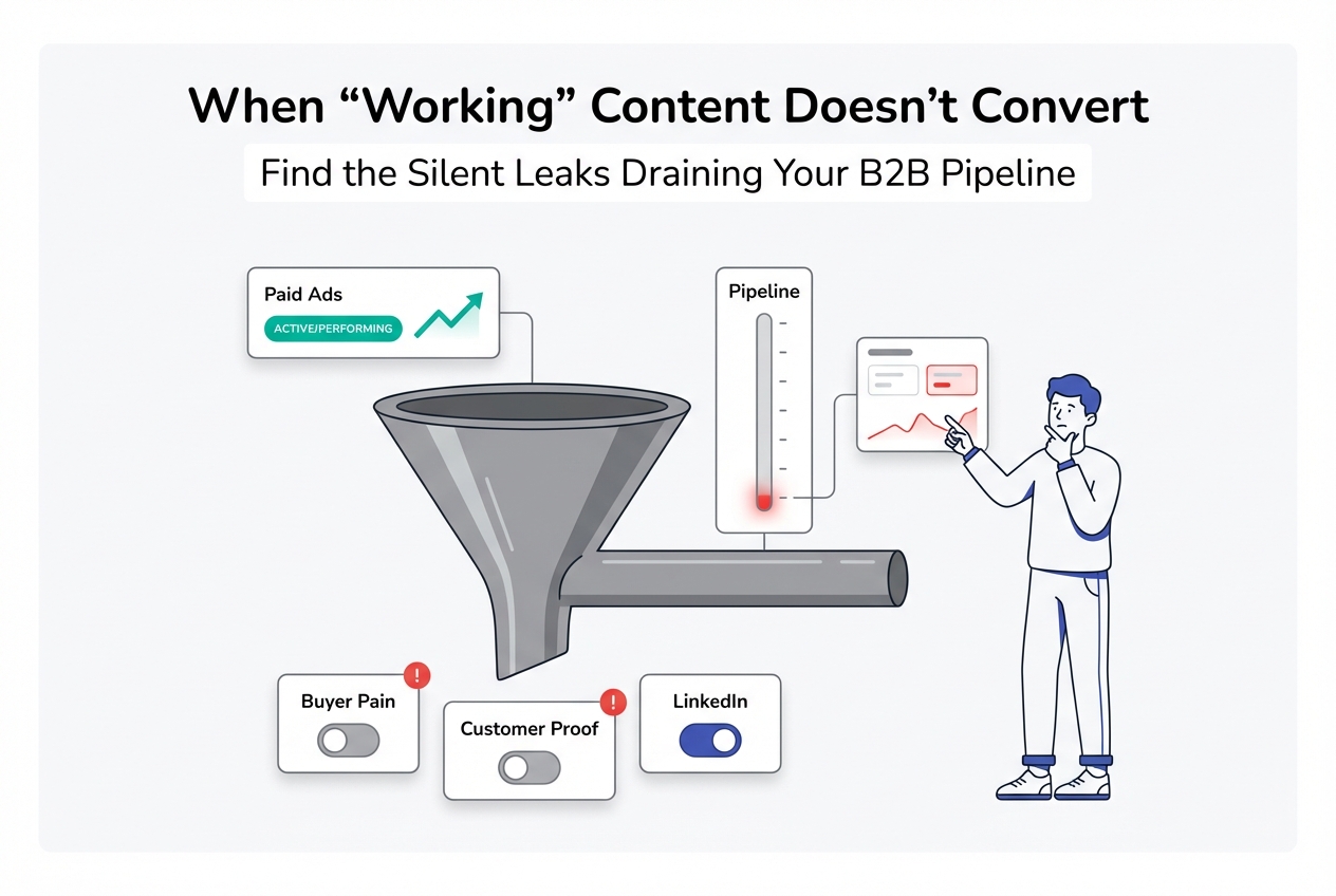 Minimalist B2B content engine funnel with Paid Ads LinkedIn toggle empty pipeline report silent leaks