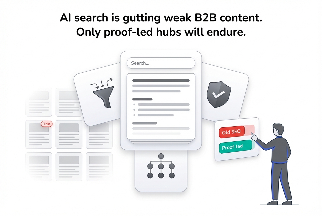 Minimalist AI search illustration showing weak B2B content warning proof led solution hubs and analytics