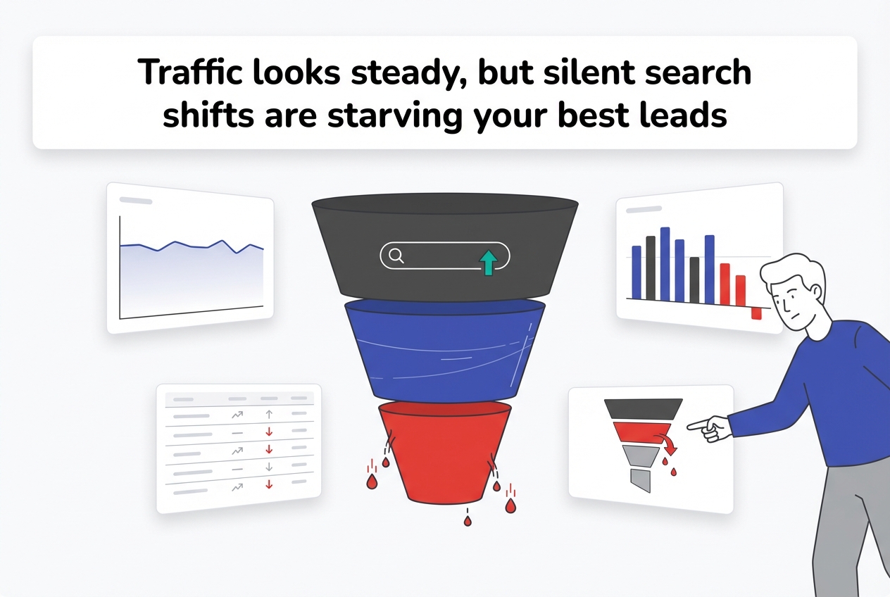 Conversion funnel minimalist tech illustration with UI panels showing steady traffic but lost leads