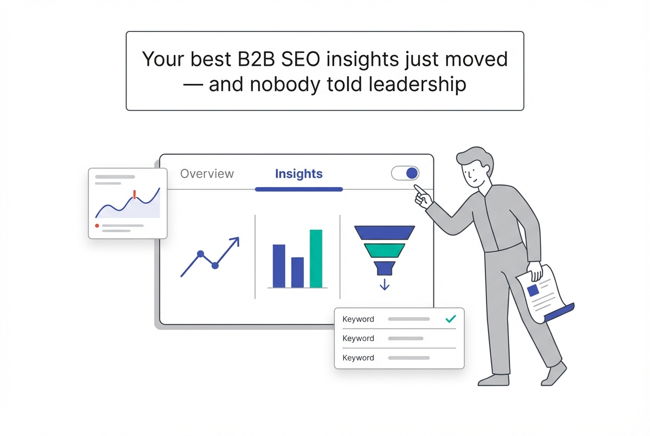 Minimalist B2B SEO analytics dashboard illustration with insights tab funnel charts and character pointing