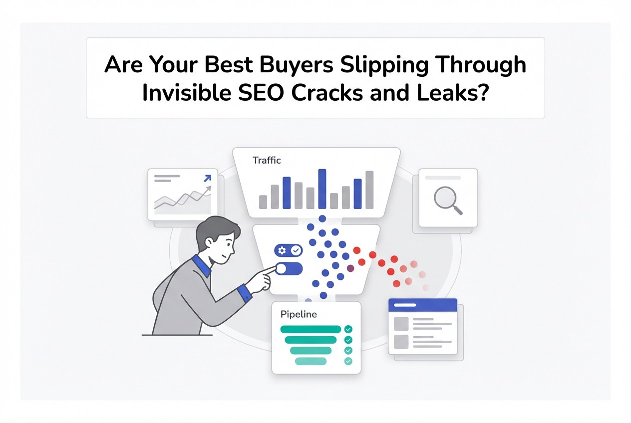 Minimalist tech illustration of leaking funnel losing high intent leads while B2B professional fixes SEO