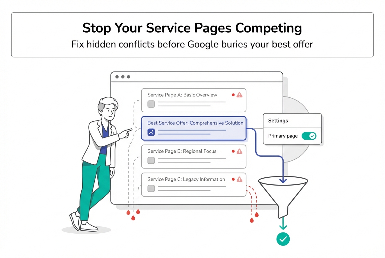 Minimalist illustration of service pages competing in search results with primary page toggle and marketer