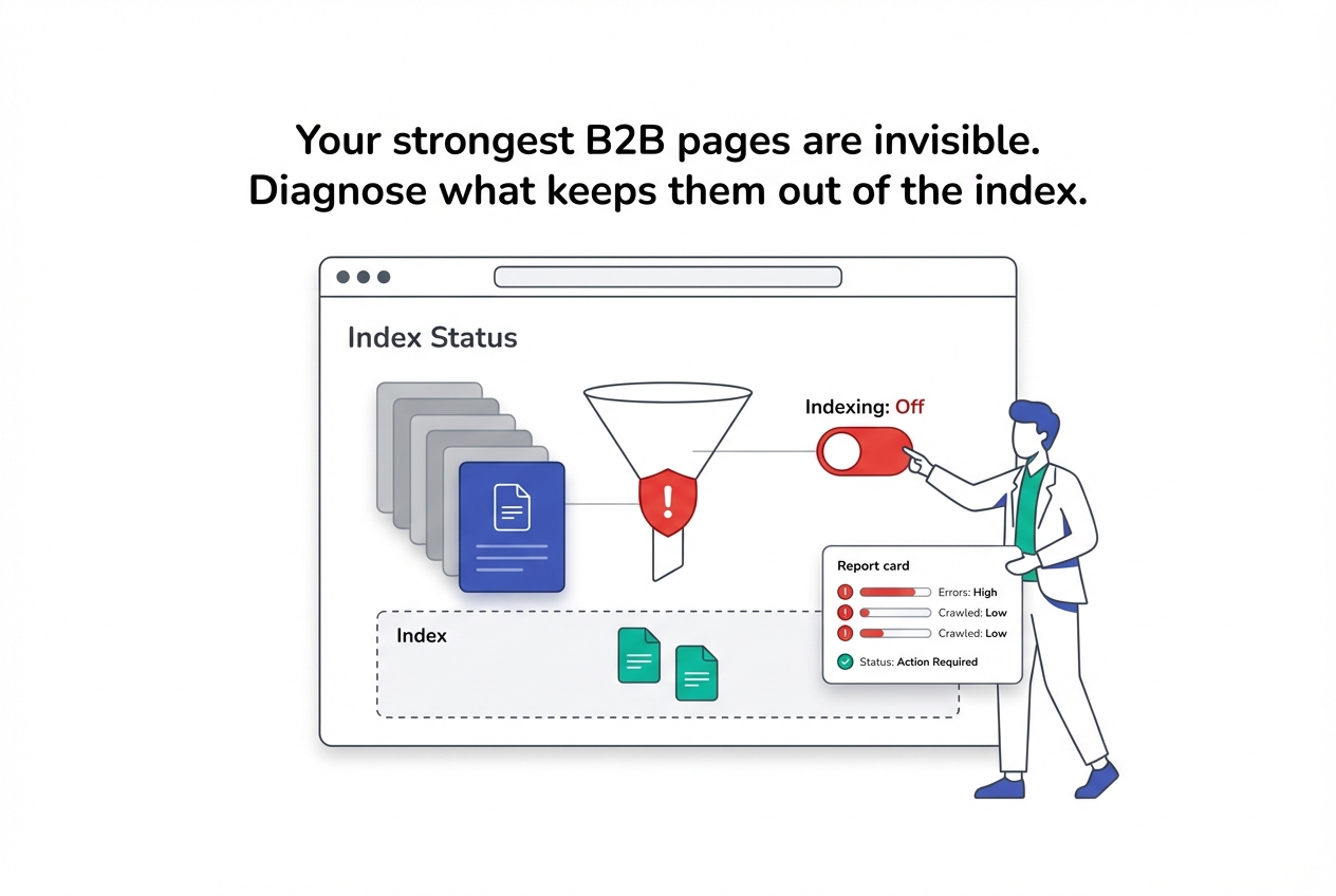 Index Status dashboard with constrained funnel red alert few pages indexed and indexing toggle off