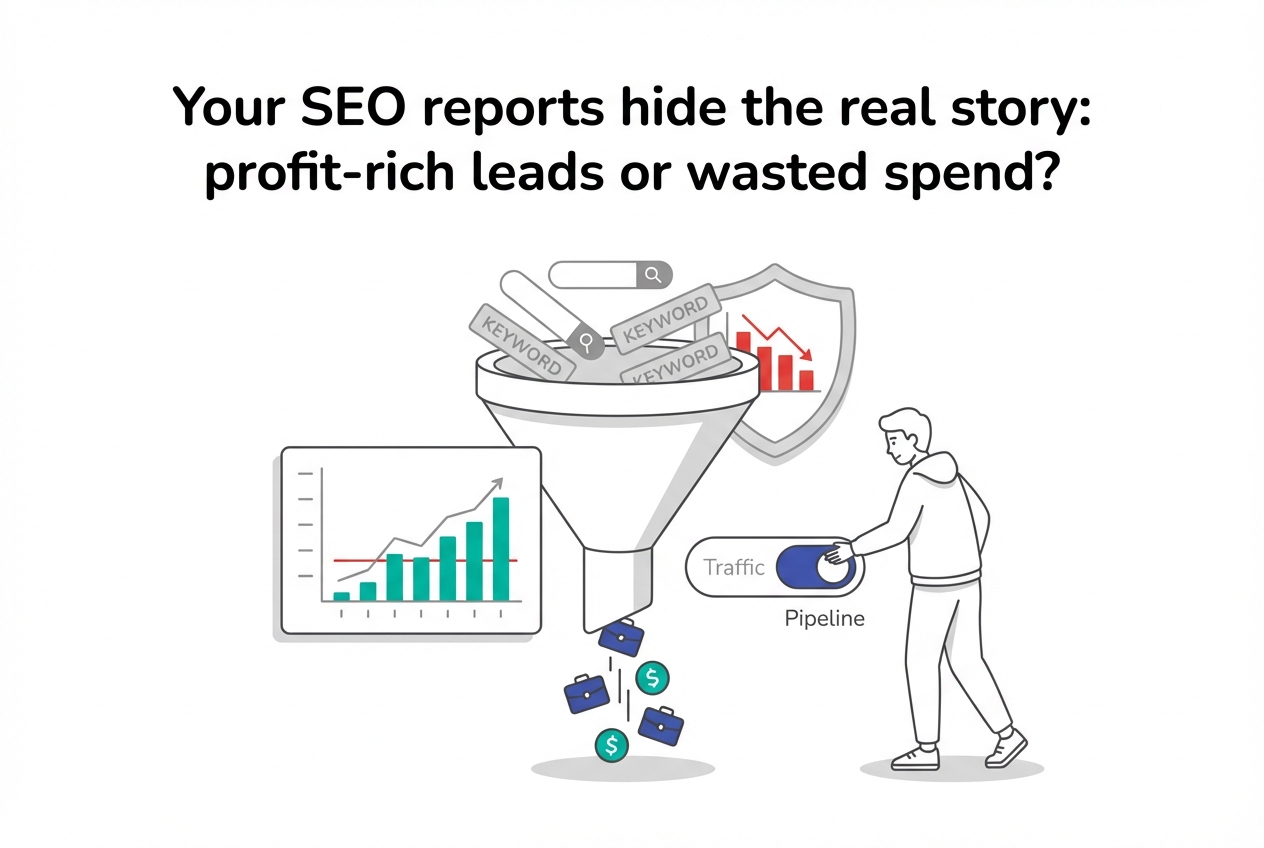 Minimalist marketing funnel vector showing B2B leads conversion analytics revenue toggle and founder
