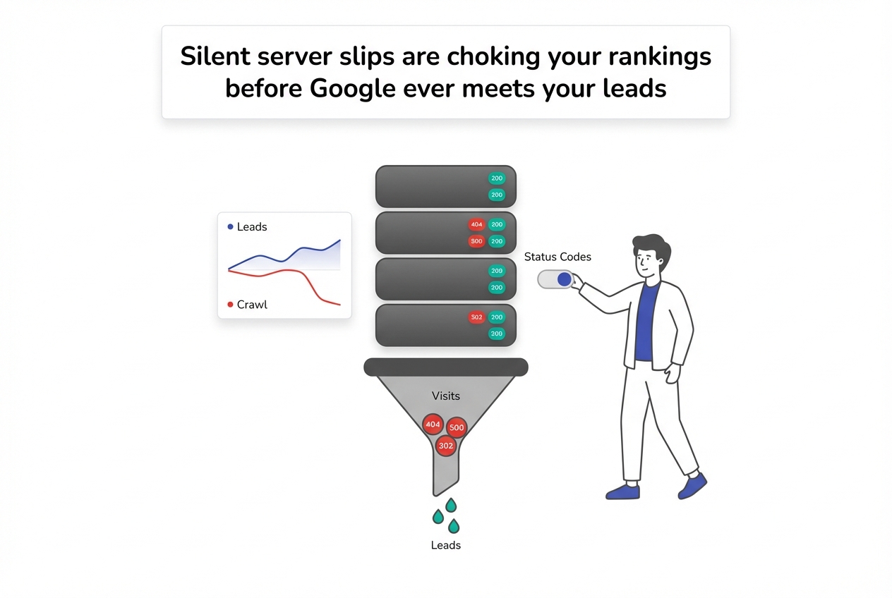 Minimalist tech illustration of servers with status badges funnel analytics and founder toggling status codes