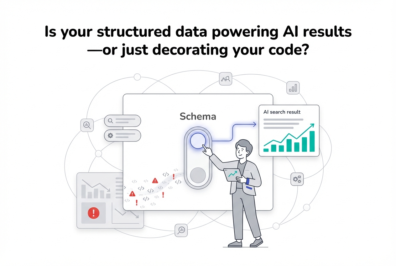Minimalist control board illustration of structured data schema toggle powering AI search results and marketer