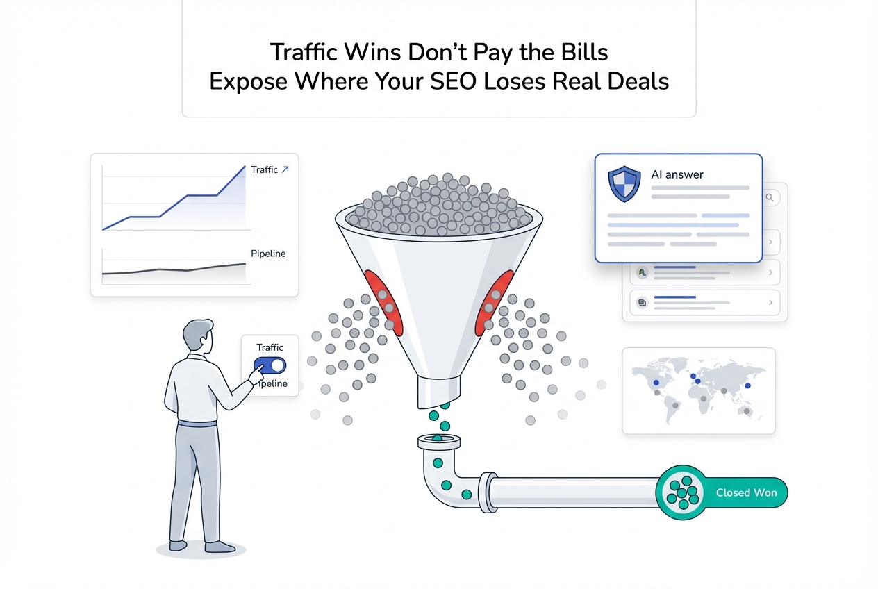 Minimalist SEO conversion funnel leaking deals into pipeline with analytics AI panel and person toggling