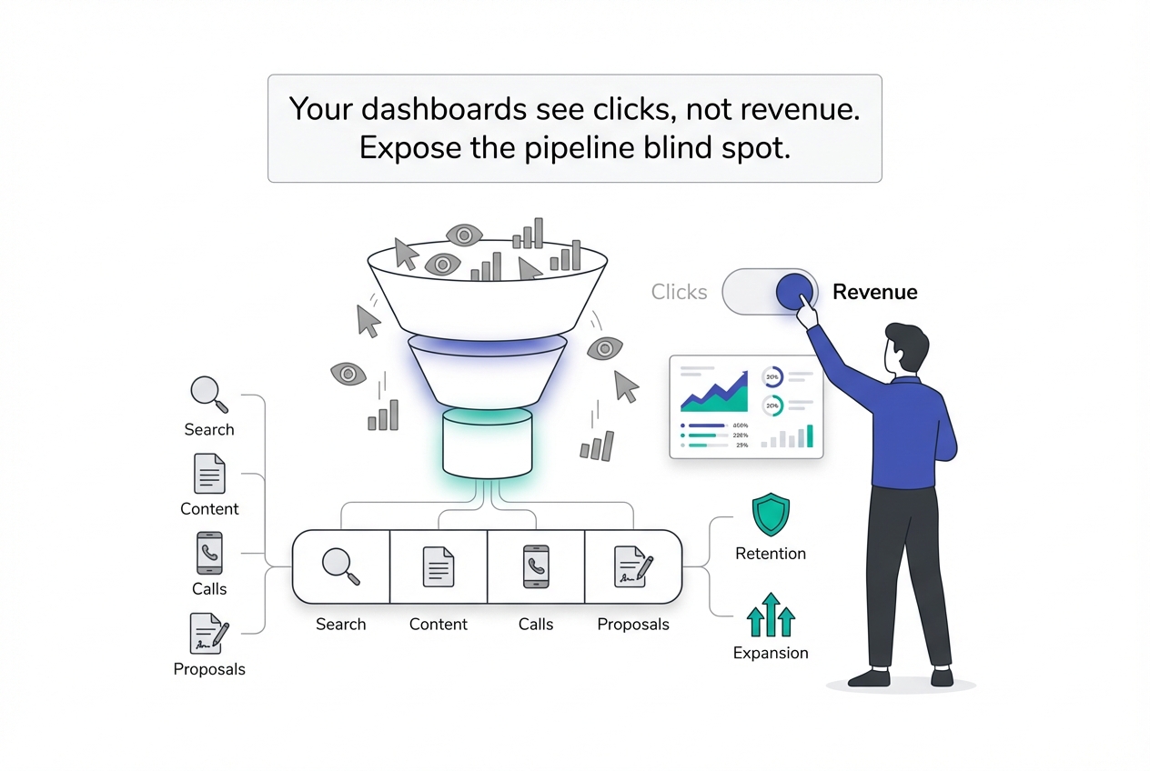 Minimal tech sales funnel illustration showing clicks not revenue pipeline blind spot with toggle switch