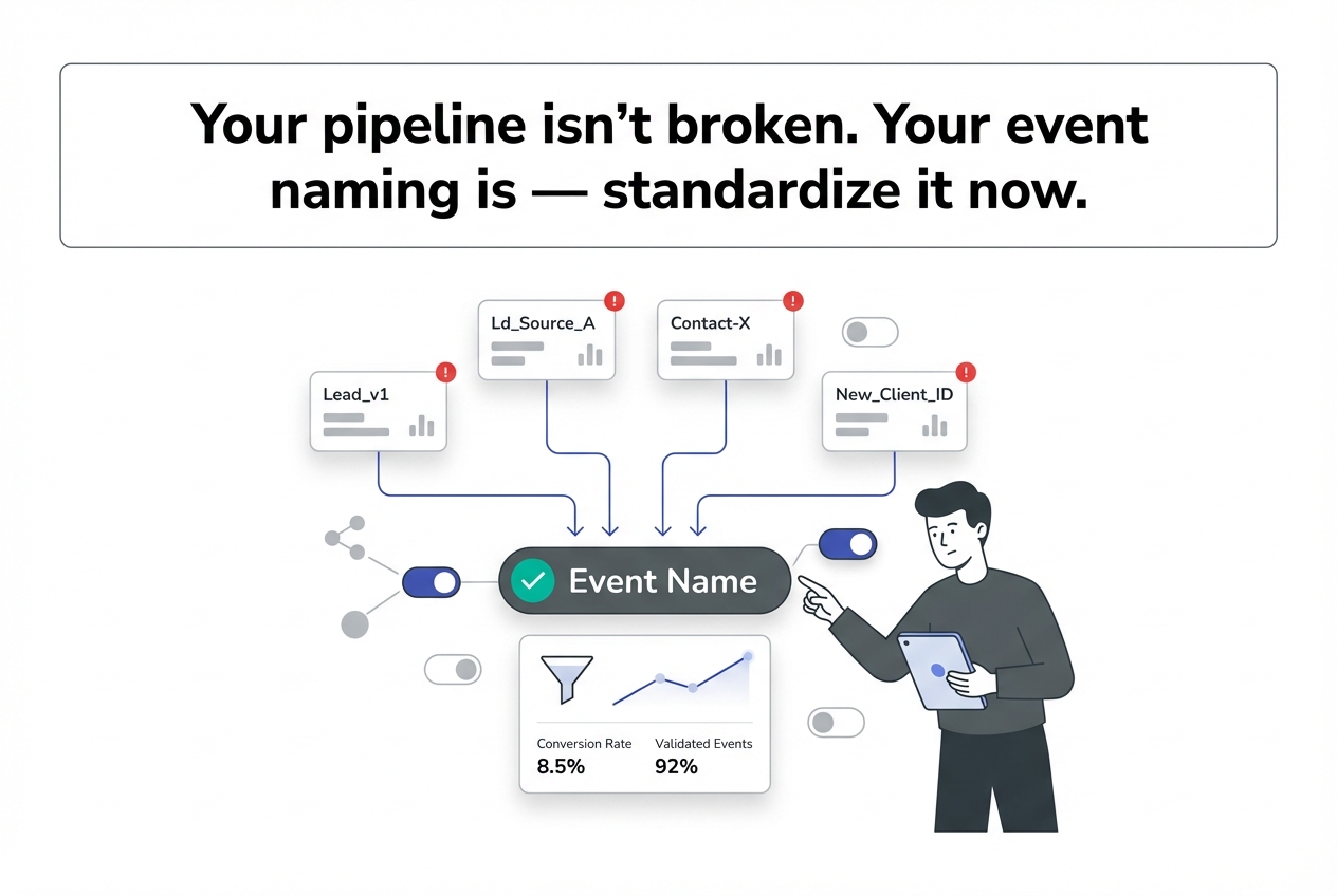 Minimalist vector of pipeline lead panels converging into unified event name tag with analytics