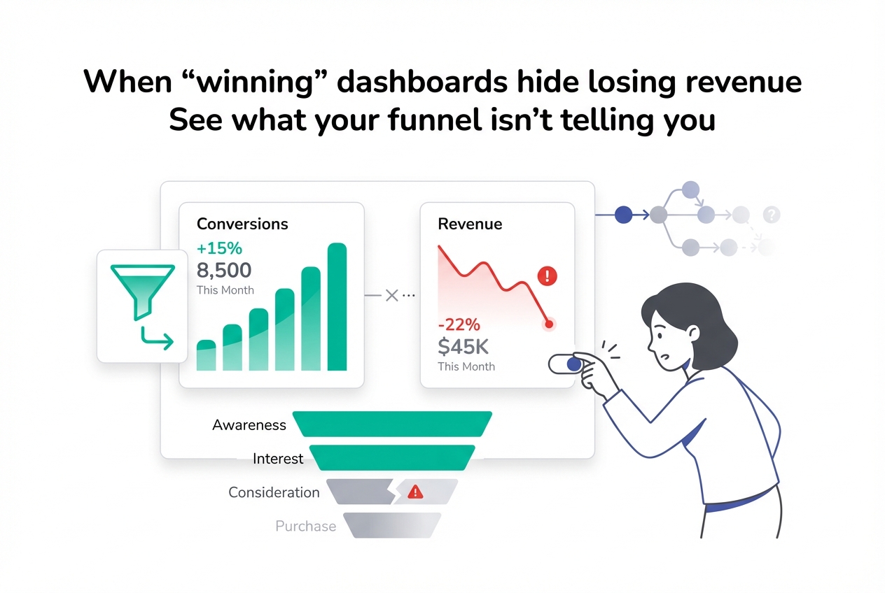 Minimalist analytics dashboard showing conversions and revenue funnel attribution disconnect with marketer toggling switch